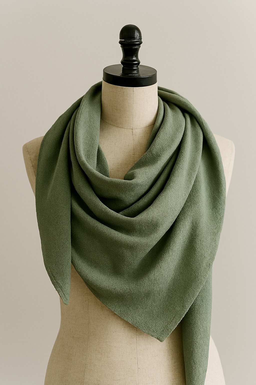 Sage green fabric draped on dress form