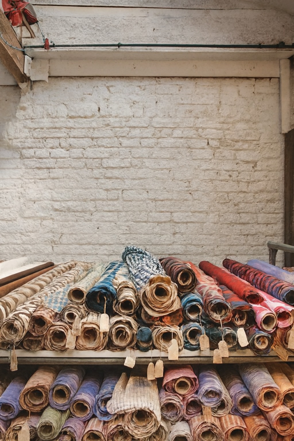 Fabric rolls with tags on market shelves